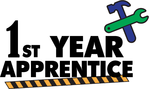 1st Year Apprentice design: Bold black "1ST YEAR APPRENTICE" lettering with a crossed hammer and green spanner icon and a yellow-and-black hazard-stripe underline.