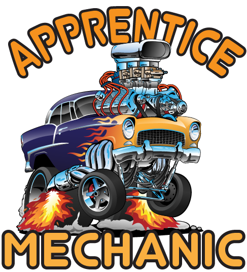 Apprentice Mechanic design: A full-colour cartoon hot rod in purple and orange with flame decals, a huge chrome supercharged engine bursting out of the bonnet and fire from the exhausts, framed by "APPRENTICE" arched above and "MECHANIC" below in orange.
