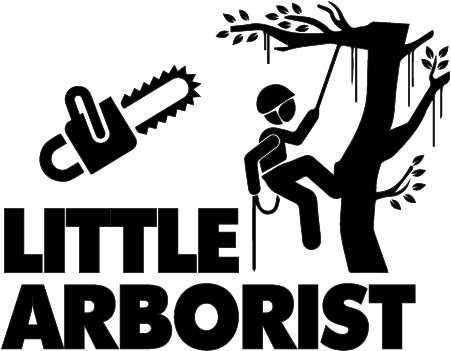 Little Arborist design: A black silhouette of an arborist in a helmet climbing a large tree on a rope, with a chainsaw and bold "LITTLE ARBORIST" lettering.