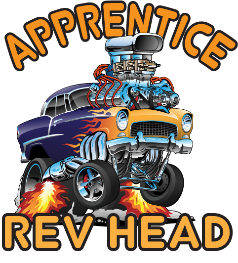 Apprentice Rev Head design: The same full-colour cartoon hot rod with a supercharged engine and flames, framed by "APPRENTICE" arched above and "REV HEAD" below in orange.