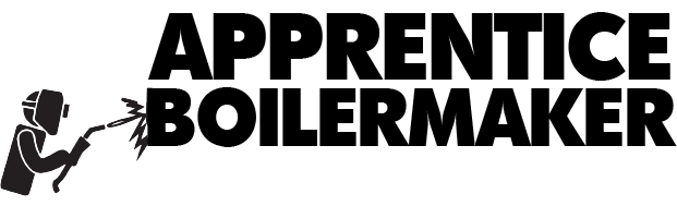 Apprentice Boilermaker design: Bold black "APPRENTICE BOILERMAKER" lettering with a silhouette of a welder in a welding helmet, sparks flying from the torch.