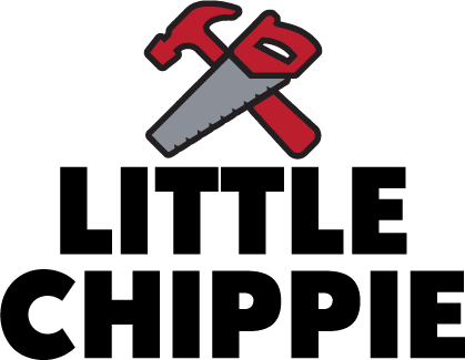 Little Chippie design: A red claw hammer crossed with a handsaw above bold black "LITTLE CHIPPIE" lettering.
