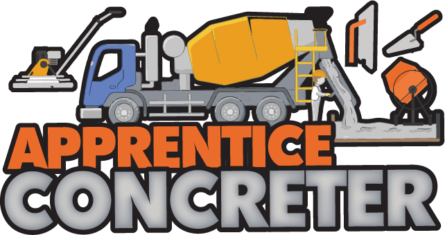 Apprentice Concreter design: A full-colour concreting scene with a blue concrete agitator truck with an orange drum, a plate compactor, a cement mixer and a worker on a ladder above "APPRENTICE CONCRETER" in orange and silver lettering.