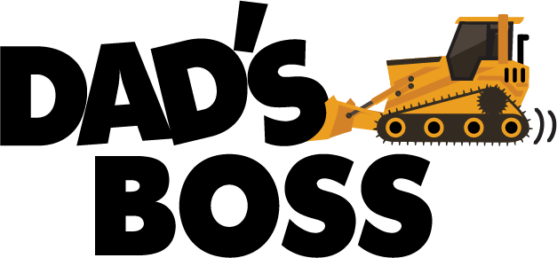 Dad's Boss design: Bold black "DAD'S BOSS" lettering with an orange bulldozer pushing its blade into the word DAD'S, motion lines behind it.
