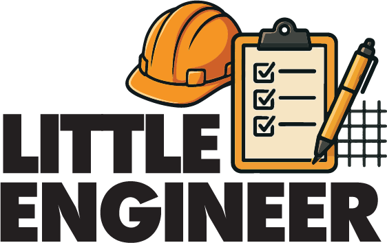 Little Engineer design: An orange hard hat, a clipboard with a ticked checklist and a pen in front of a grid, beside bold black "LITTLE ENGINEER" lettering.