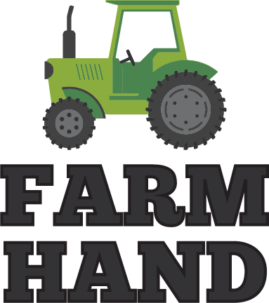 Farm Hand design: A green tractor above bold dark-grey slab-serif lettering reading "FARM HAND".