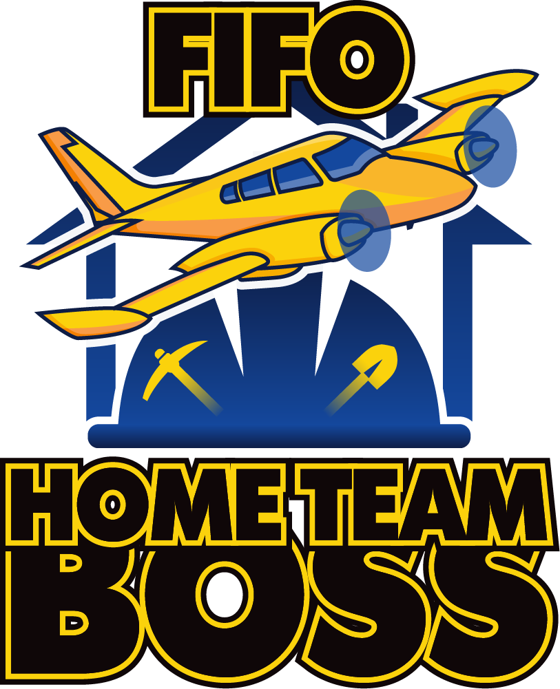 FIFO design: "FIFO" in gold-outlined lettering above a yellow twin-engine plane flying over a navy house shape containing a crossed pick and shovel, with "HOME TEAM BOSS" in large black and gold lettering below.