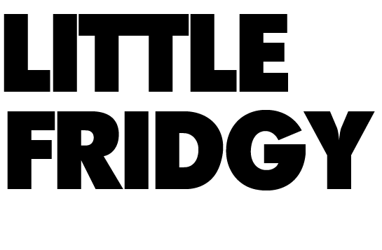 Little Fridgy design: Large bold black lettering reading "LITTLE FRIDGY", no illustration.