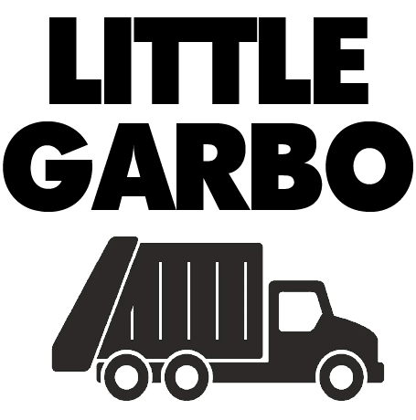 Little Garbo design: Bold black "LITTLE GARBO" lettering above a black silhouette of a garbage truck.