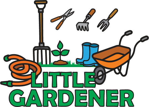 Little Gardener design: A garden scene with a fork, a hose, blue gumboots, a seedling, an orange wheelbarrow and hand tools above "LITTLE GARDENER" in green lettering.