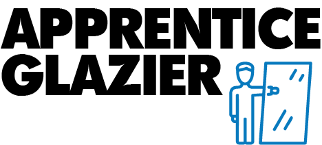 Apprentice Glazier design: Bold black "APPRENTICE GLAZIER" lettering beside a blue line drawing of a glazier carrying a pane of glass.