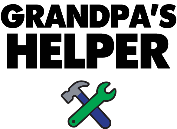 Grandpa's Helper design: Large black "GRANDPA'S HELPER" lettering with a crossed claw hammer and green spanner icon underneath.