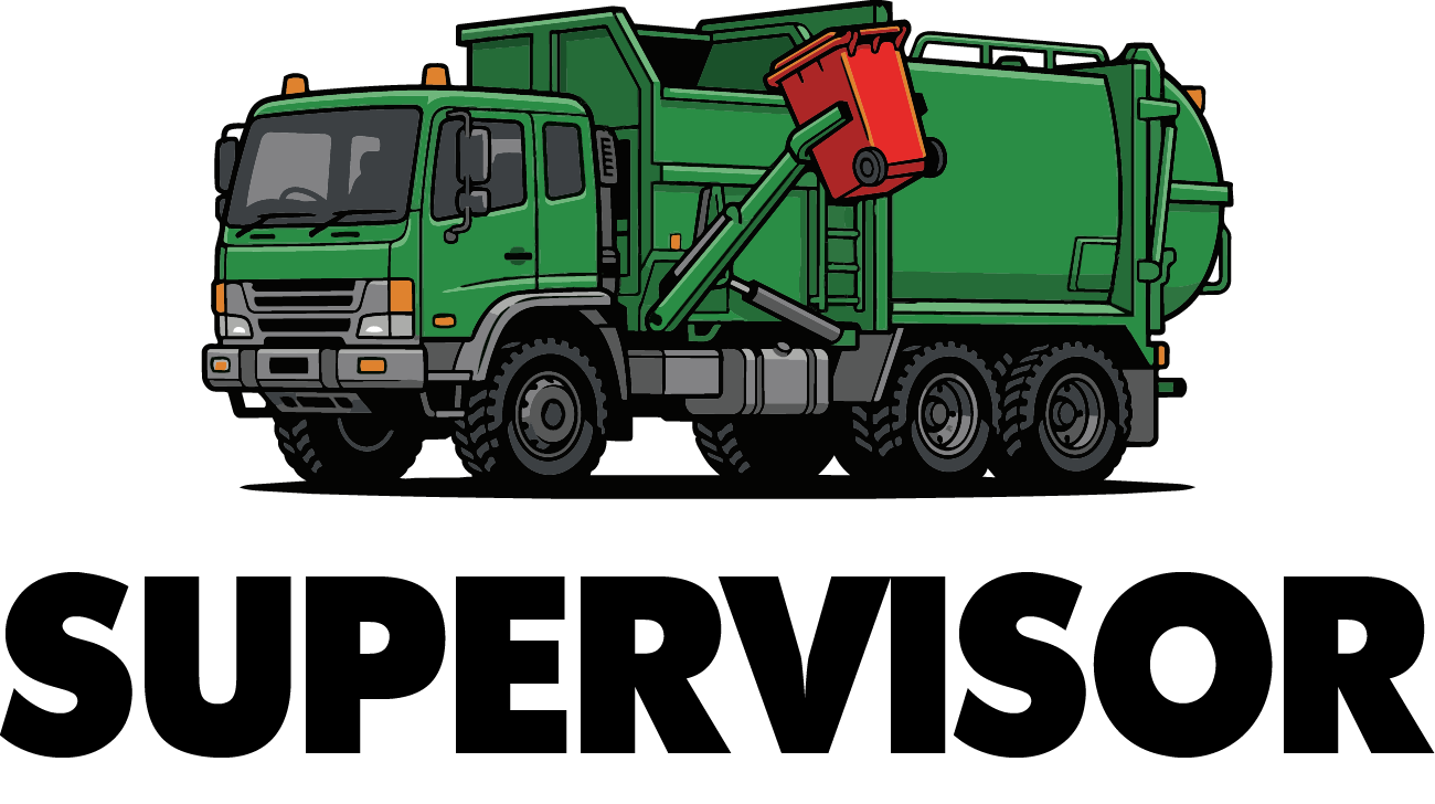 Garbo Supervisor design: A detailed green garbage truck with its side arm lifting a red-lidded wheelie bin, above bold black "SUPERVISOR" lettering.