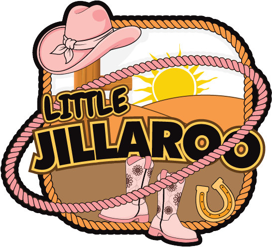 Little Jillaroo design: A pink cowgirl hat and pink floral cowboy boots, a sunset over hills, a gold horseshoe and a pink lasso framing "LITTLE JILLAROO" in western lettering.