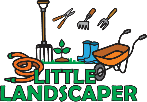 Little Landscaper design: The same colourful garden scene of a fork, hose, blue gumboots, seedling, orange wheelbarrow and hand tools above "LITTLE LANDSCAPER" in green lettering.