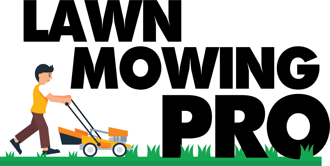 Lawn Mowing Pro design: Bold black "LAWN MOWING PRO" lettering with an illustrated boy in an orange hi-vis vest pushing an orange lawnmower across a strip of green grass.