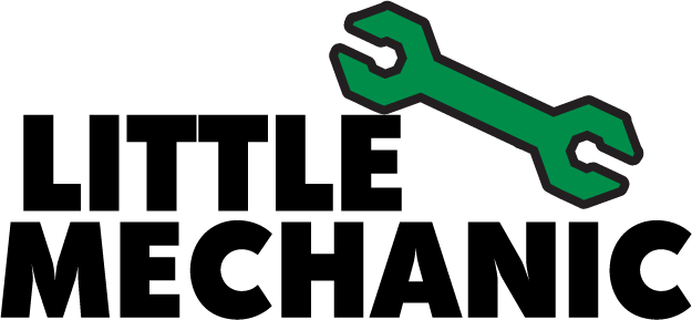 Little Mechanic design: Bold black "LITTLE MECHANIC" lettering with a large green spanner above.
