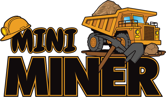 Mini Miner design: A yellow mining haul truck piled with ore, a yellow hard hat with headlamp, and a pickaxe and shovel, above "MINI MINER" in bold black lettering outlined in gold.