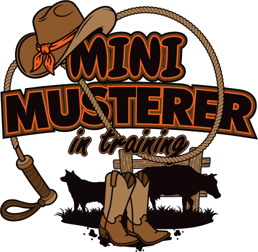 Mini Musterer design: A brown hat with an orange bandana, a lasso and a stockwhip, cattle silhouettes and cowboy boots around "MINI MUSTERER" in bold western lettering with "in training".