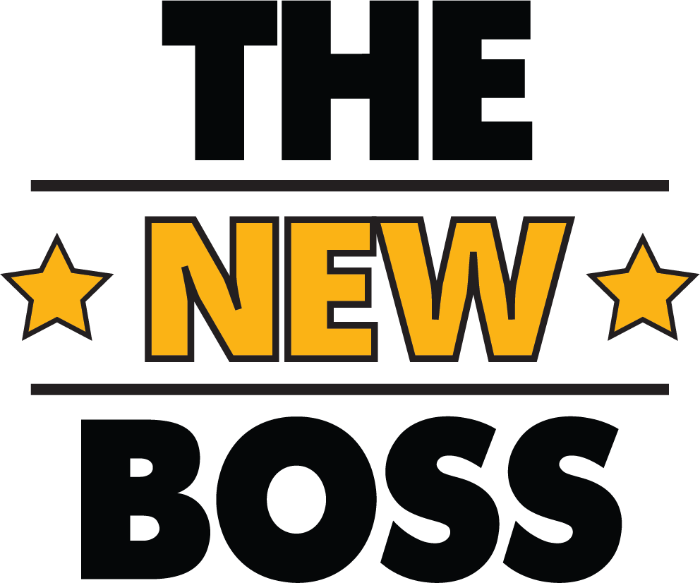 New Boss design: "THE NEW BOSS" in stacked lettering: THE and BOSS in black, NEW in bright orange between two black rules, flanked by two orange stars.