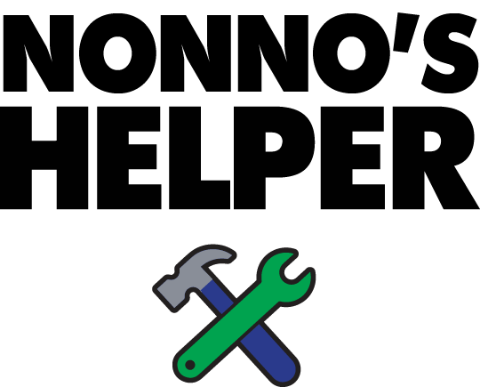 Nonno's Helper design: Large black "NONNO'S HELPER" lettering with a crossed claw hammer and green spanner icon underneath.