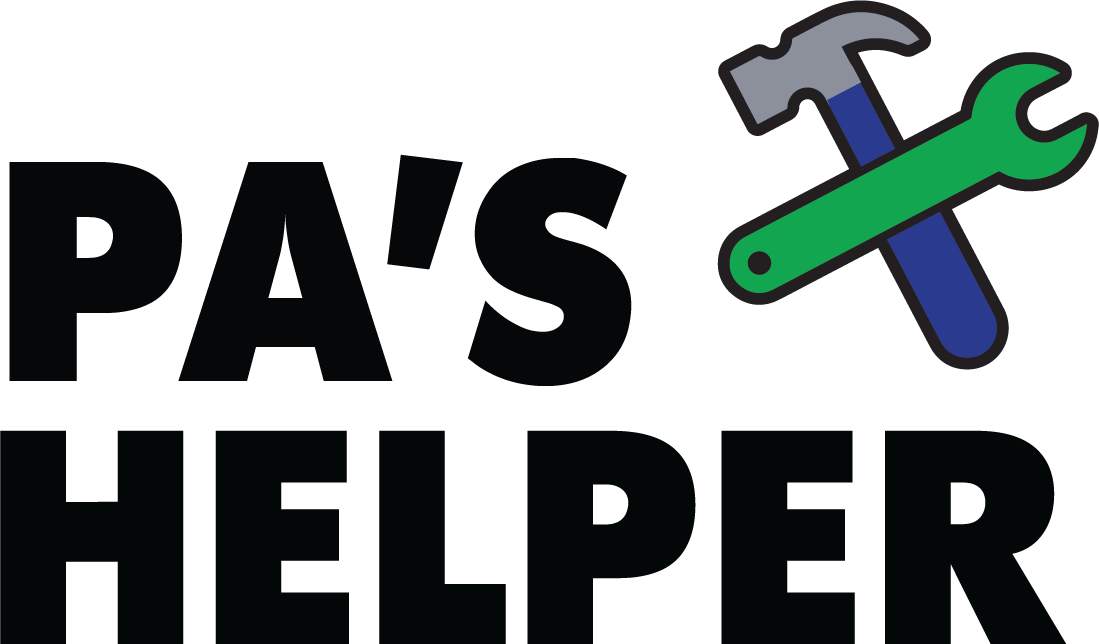Pa's Helper design: Large black "PA'S HELPER" lettering with a crossed claw hammer and green spanner icon.