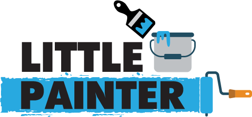 Little Painter design: A paintbrush dripping blue paint and a paint tin above "LITTLE PAINTER" printed on a blue paint-roller stripe, with the roller handle at the end.