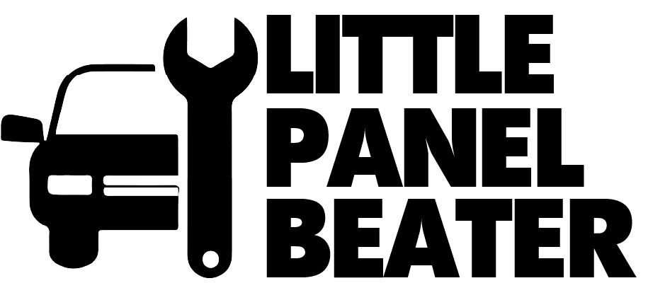 Little Panel Beater design: A black car front with a large spanner beside bold "LITTLE PANEL BEATER" lettering.
