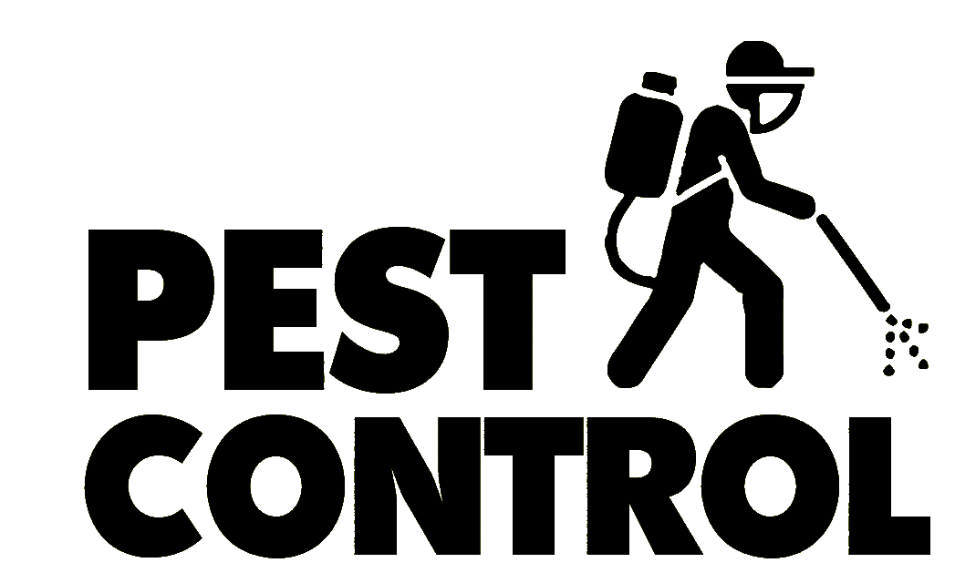 Pest Control design: A black silhouette of a pest controller in a cap carrying a backpack sprayer and spraying, beside bold "PEST CONTROL" lettering.