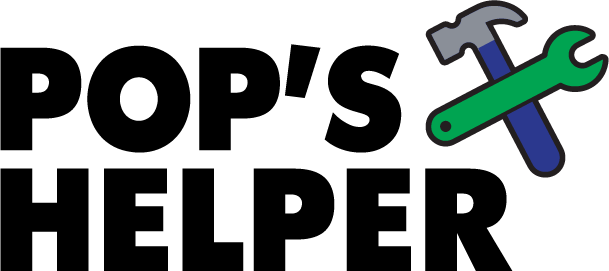 Pop's Helper design: Black "POP'S HELPER" lettering with a crossed claw hammer and green spanner icon beside it.