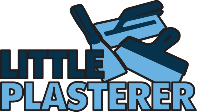 Little Plasterer design: A blue plastering trowel and hawk crossed with a scraper behind "LITTLE PLASTERER" in black and light-blue lettering.