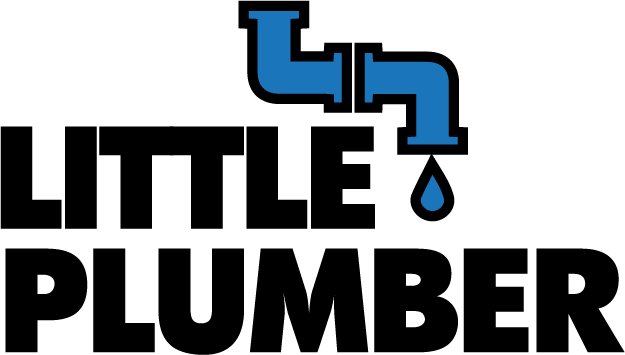 Little Plumber design: Blue pipe fittings with a dripping water drop beside bold black "LITTLE PLUMBER" lettering.