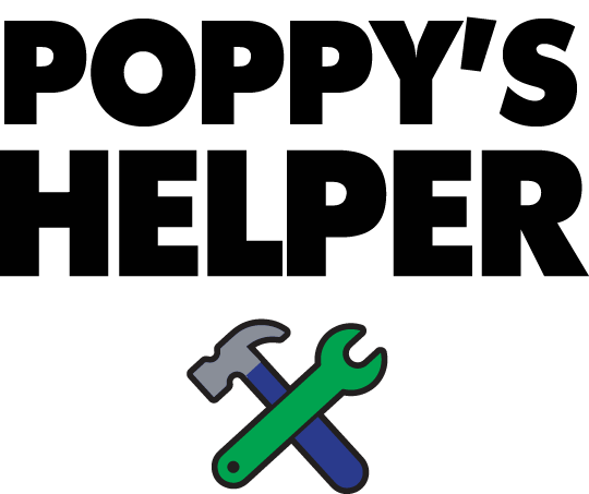 Poppy's Helper design: Large black "POPPY'S HELPER" lettering with a crossed claw hammer and green spanner icon underneath.