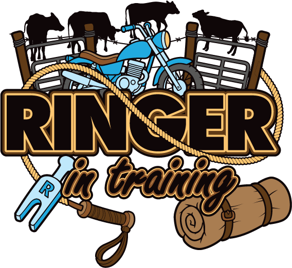 Ringer in Training design: A blue motorbike, cattle silhouettes, stockyard panels and a swag behind "RINGER" in bold western lettering, with "in training" in script, a lasso and a branding iron.