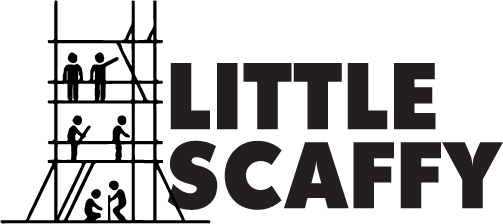 Little Scaffolder design: A black scaffolding tower with little worker silhouettes on each level beside bold "LITTLE SCAFFY" lettering.