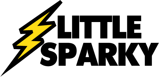 Little Sparky design: A big yellow lightning bolt beside bold black "LITTLE SPARKY" lettering.