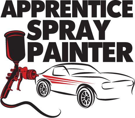 Apprentice Spray Painter design: A red spray-painting gun with its air hose sweeping around an outline of a car with red racing stripes, beside bold black "APPRENTICE SPRAY PAINTER" lettering.