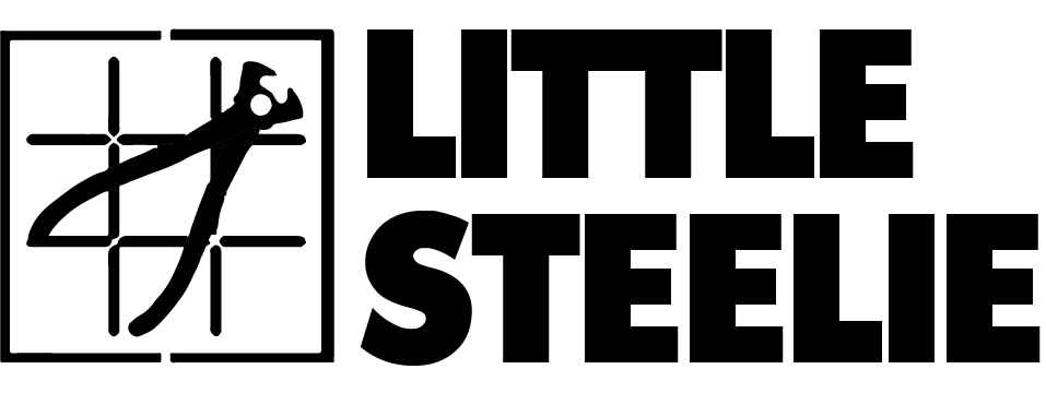 Little Steelie design: A grid of reinforcing bar with tie-wire pliers inside a square frame, beside bold black "LITTLE STEELIE" lettering.