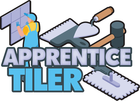 Apprentice Tiler design: A full-colour illustration of a tiler laying wall tiles, with a notched trowel, a rubber mallet and a grout float, above "APPRENTICE TILER" in grey and blue lettering.